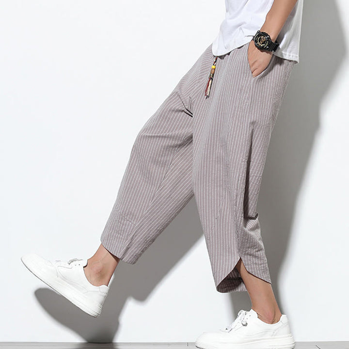Pantalones harén de lino y algodón con cordón ajustable para hombre, de verano, con diseño de rayas de Buddha Stones , de longitud 7-8 y bolsillos - image 30