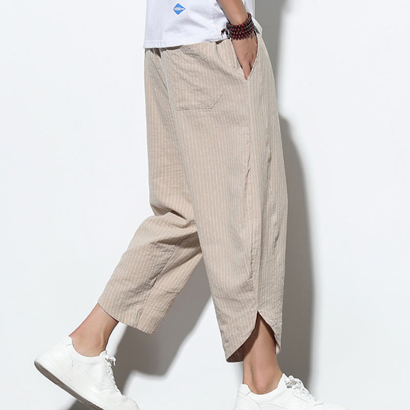 Pantalones harén de lino y algodón con cordón ajustable para hombre, de verano, con diseño de rayas de Buddha Stones , de longitud 7-8 y bolsillos - image 2