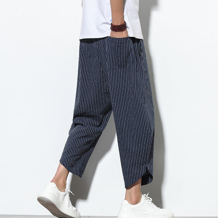 Pantalones harén de lino y algodón con cordón ajustable para hombre, de verano, con diseño de rayas de Buddha Stones , de longitud 7-8 y bolsillos - image 37