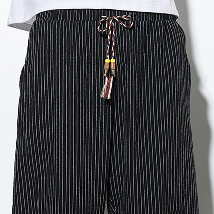 Pantalones harén de lino y algodón con cordón ajustable para hombre, de verano, con diseño de rayas de Buddha Stones , de longitud 7-8 y bolsillos - image 18