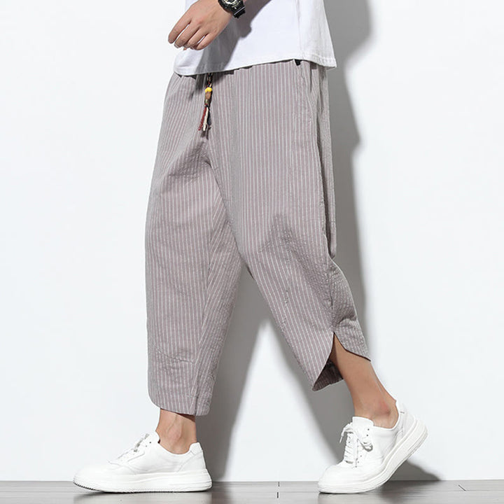 Pantalones harén de lino y algodón con cordón ajustable para hombre, de verano, con diseño de rayas de Buddha Stones , de longitud 7-8 y bolsillos - Gris oscuro - US/UK/AU46, EU56 (5XL) - image 22