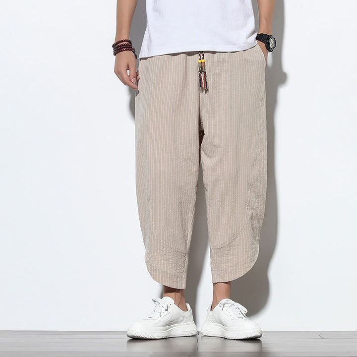 Pantalones harén de lino y algodón con cordón ajustable para hombre, de verano, con diseño de rayas de Buddha Stones , de longitud 7-8 y bolsillos - image 7