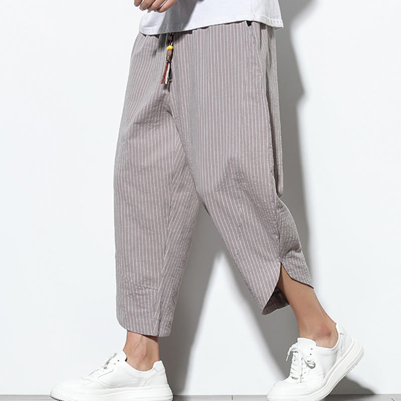 Pantalones harén de lino y algodón con cordón ajustable para hombre, de verano, con diseño de rayas de Buddha Stones , de longitud 7-8 y bolsillos - image 27