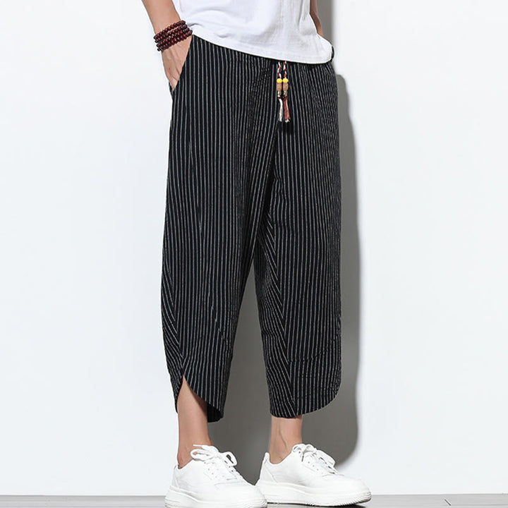 Pantalones harén de lino y algodón con cordón ajustable para hombre, de verano, con diseño de rayas de Buddha Stones , de longitud 7-8 y bolsillos - image 10