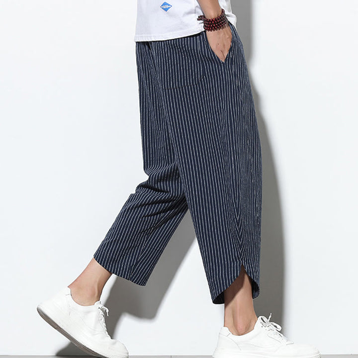 Pantalones harén de lino y algodón con cordón ajustable para hombre, de verano, con diseño de rayas de Buddha Stones , de longitud 7-8 y bolsillos - image 38