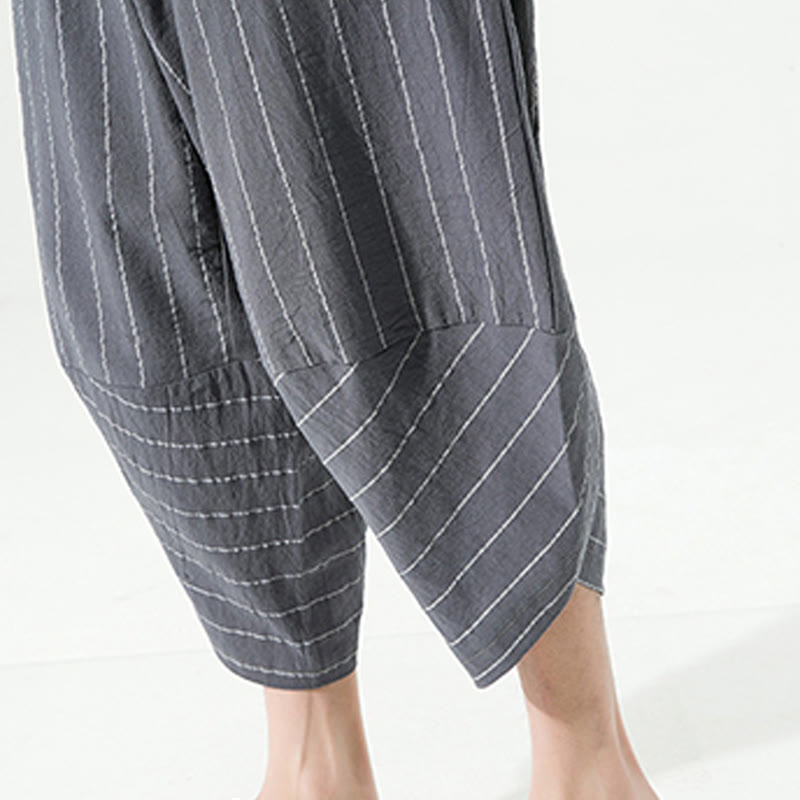 Pantalones Buddha Stones de lino y algodón con bolsillos para hombre, informales, con estampado de rayas lisas y cordón ajustable, de largo 7-8 - image 17