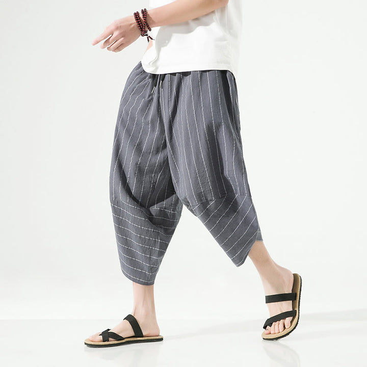Pantalones Buddha Stones de lino y algodón con bolsillos para hombre, informales, con estampado de rayas lisas y cordón ajustable, de largo 7-8 - Gris pizarra claro - US/UK/AU46, EU56 (5XL) - image 7