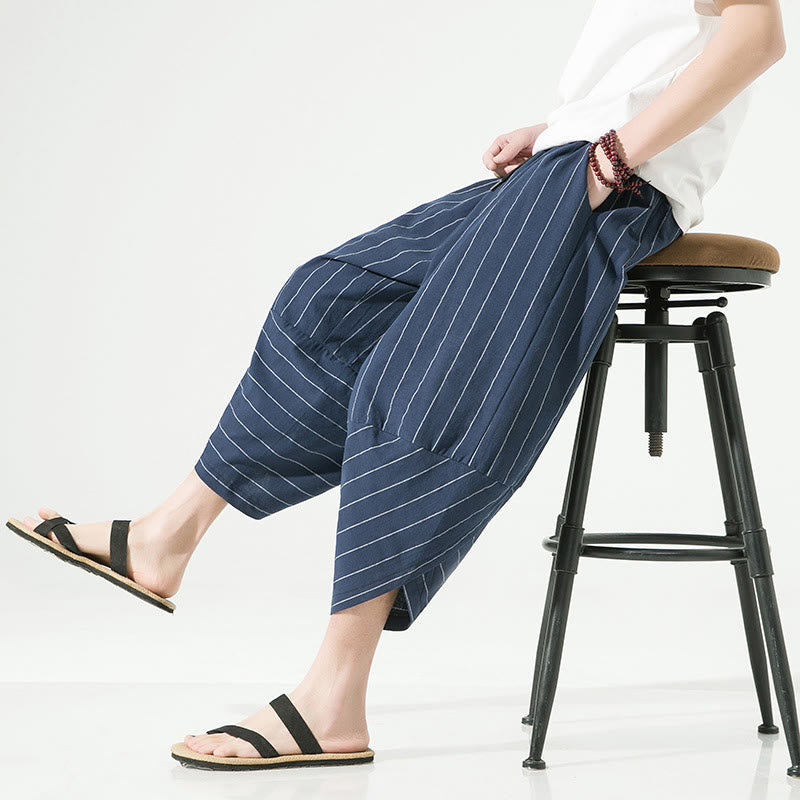 Pantalones Buddha Stones de lino y algodón con bolsillos para hombre, informales, con estampado de rayas lisas y cordón ajustable, de largo 7-8 - image 25