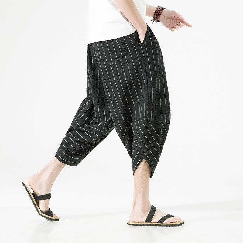 Pantalones Buddha Stones de lino y algodón con bolsillos para hombre, informales, con estampado de rayas lisas y cordón ajustable, de largo 7-8 - image 3