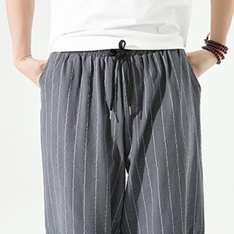 Pantalones Buddha Stones de lino y algodón con bolsillos para hombre, informales, con estampado de rayas lisas y cordón ajustable, de largo 7-8 - image 14