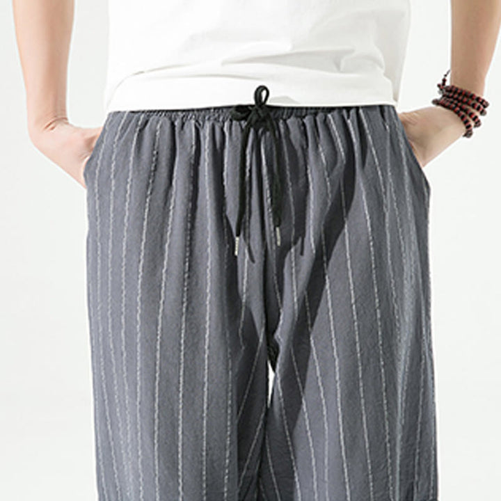 Pantalones Buddha Stones de lino y algodón con bolsillos para hombre, informales, con estampado de rayas lisas y cordón ajustable, de largo 7-8 - image 14