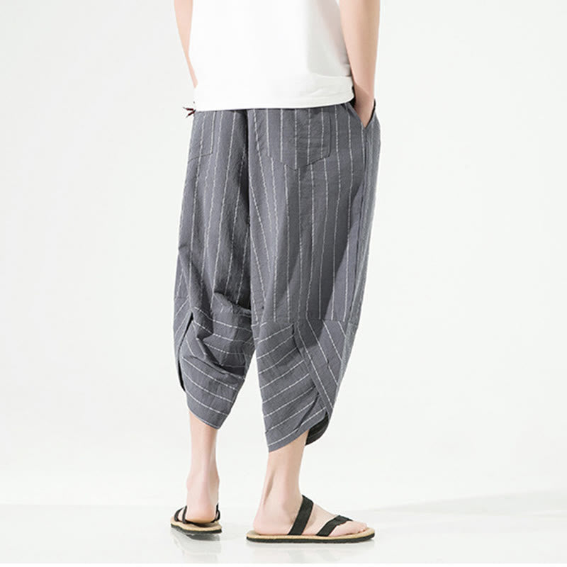 Pantalones Buddha Stones de lino y algodón con bolsillos para hombre, informales, con estampado de rayas lisas y cordón ajustable, de largo 7-8 - image 12