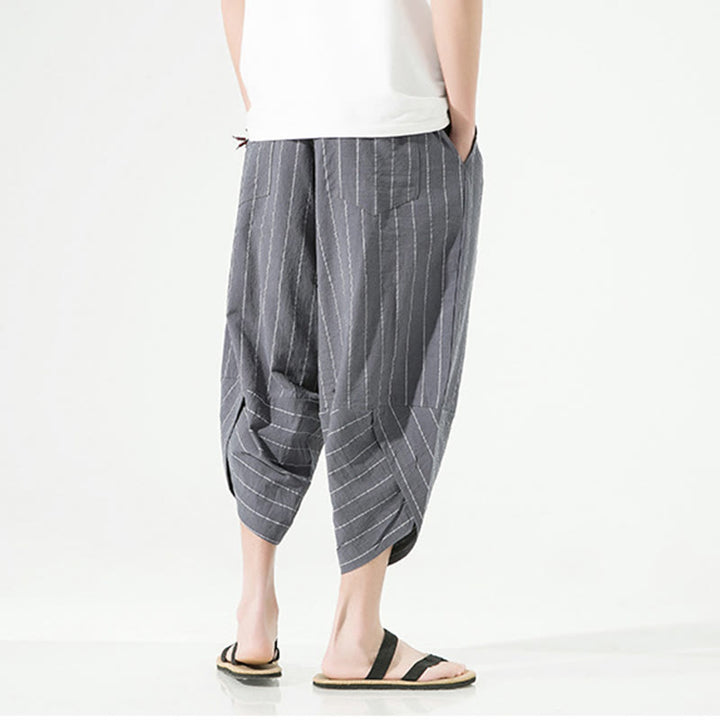 Pantalones Buddha Stones de lino y algodón con bolsillos para hombre, informales, con estampado de rayas lisas y cordón ajustable, de largo 7-8 - image 12