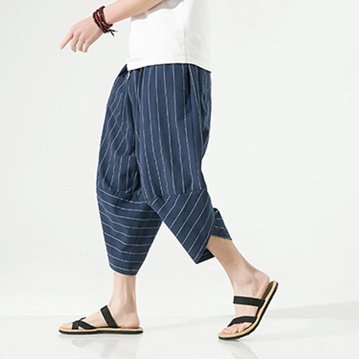 Pantalones Buddha Stones de lino y algodón con bolsillos para hombre, informales, con estampado de rayas lisas y cordón ajustable, de largo 7-8 - image 21