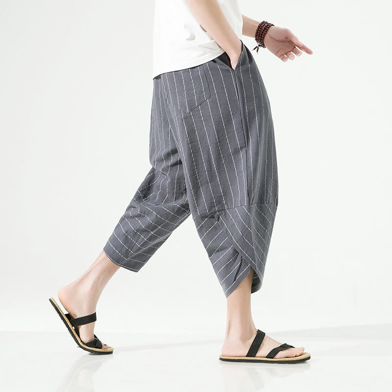 Pantalones Buddha Stones de lino y algodón con bolsillos para hombre, informales, con estampado de rayas lisas y cordón ajustable, de largo 7-8 - image 11