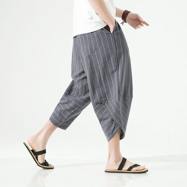 Pantalones Buddha Stones de lino y algodón con bolsillos para hombre, informales, con estampado de rayas lisas y cordón ajustable, de largo 7-8 - image 11