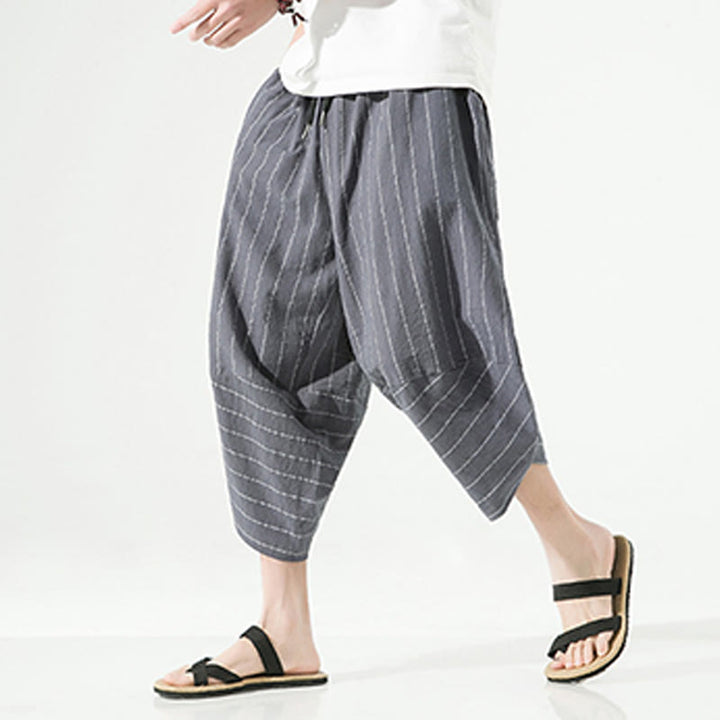 Pantalones Buddha Stones de lino y algodón con bolsillos para hombre, informales, con estampado de rayas lisas y cordón ajustable, de largo 7-8 - image 8