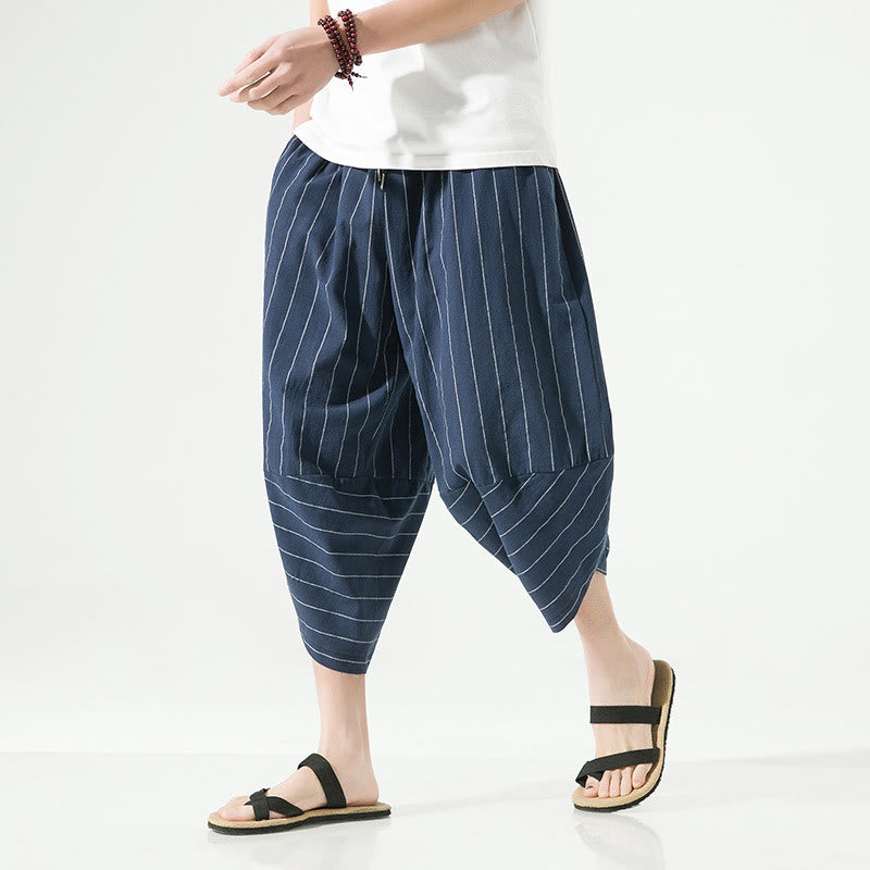Pantalones Buddha Stones de lino y algodón con bolsillos para hombre, informales, con estampado de rayas lisas y cordón ajustable, de largo 7-8 - image 20