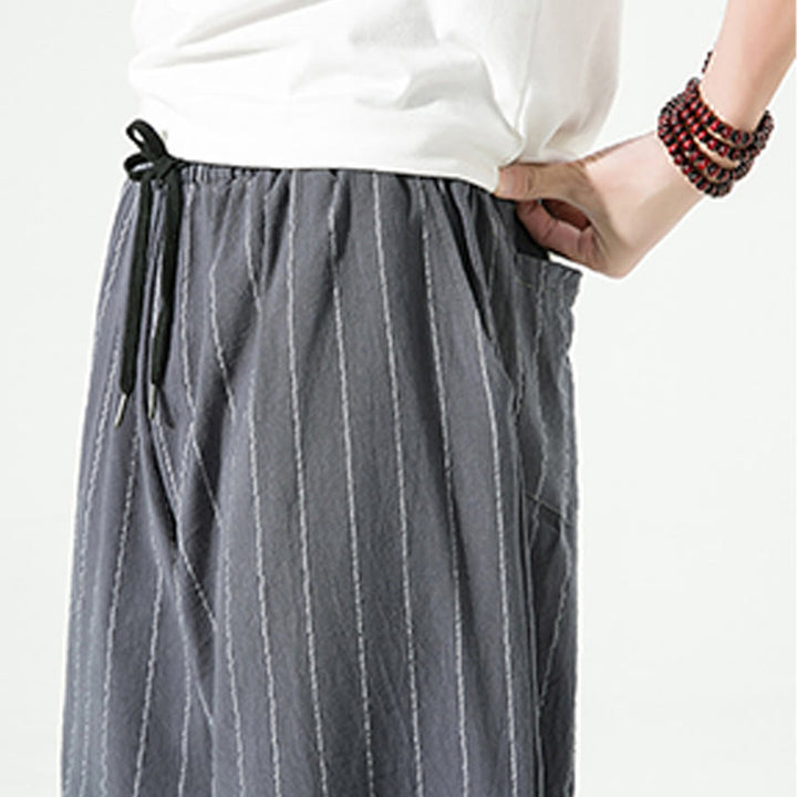 Pantalones Buddha Stones de lino y algodón con bolsillos para hombre, informales, con estampado de rayas lisas y cordón ajustable, de largo 7-8 - image 15