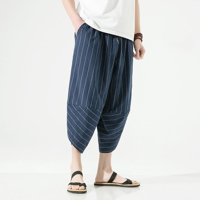 Pantalones Buddha Stones de lino y algodón con bolsillos para hombre, informales, con estampado de rayas lisas y cordón ajustable, de largo 7-8 - image 23
