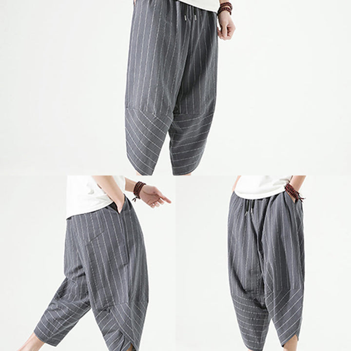 Pantalones Buddha Stones de lino y algodón con bolsillos para hombre, informales, con estampado de rayas lisas y cordón ajustable, de largo 7-8 - image 18