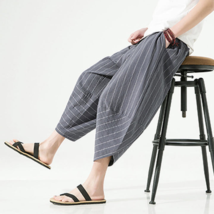 Pantalones Buddha Stones de lino y algodón con bolsillos para hombre, informales, con estampado de rayas lisas y cordón ajustable, de largo 7-8 - image 13
