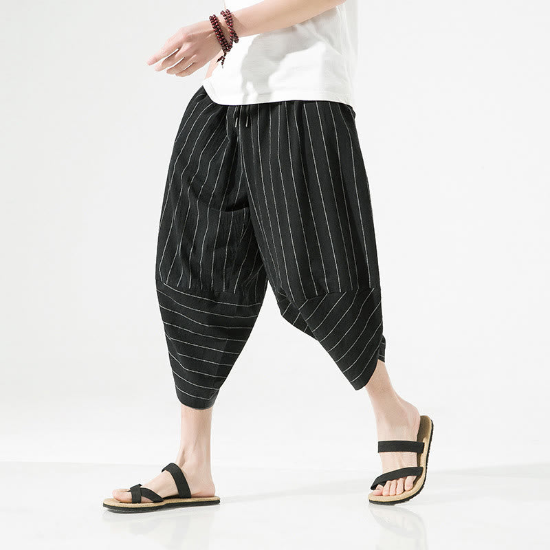Pantalones Buddha Stones de lino y algodón con bolsillos para hombre, informales, con estampado de rayas lisas y cordón ajustable, de largo 7-8 - image 1