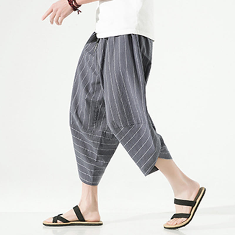 Pantalones Buddha Stones de lino y algodón con bolsillos para hombre, informales, con estampado de rayas lisas y cordón ajustable, de largo 7-8 - image 9