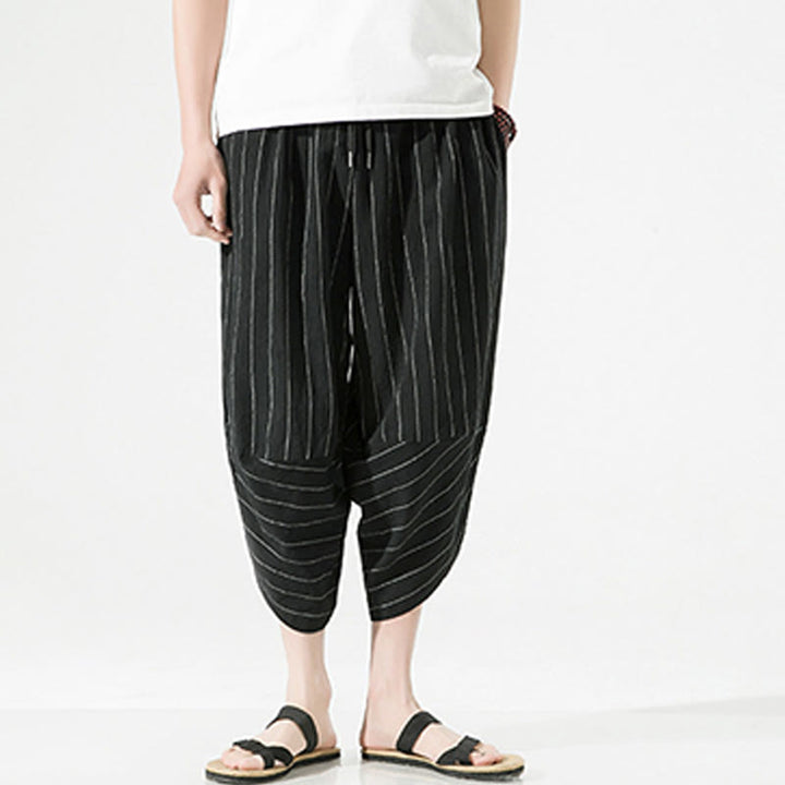 Pantalones Buddha Stones de lino y algodón con bolsillos para hombre, informales, con estampado de rayas lisas y cordón ajustable, de largo 7-8 - image 2