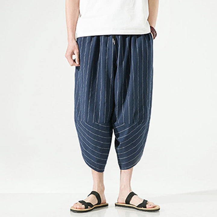 Pantalones Buddha Stones de lino y algodón con bolsillos para hombre, informales, con estampado de rayas lisas y cordón ajustable, de largo 7-8 - image 22