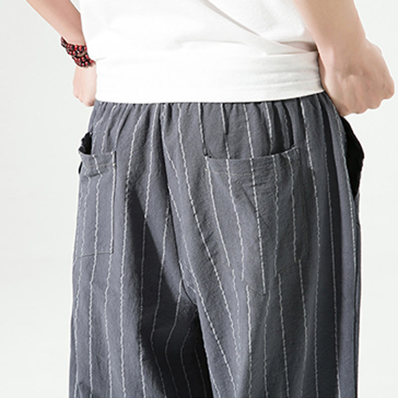 Pantalones Buddha Stones de lino y algodón con bolsillos para hombre, informales, con estampado de rayas lisas y cordón ajustable, de largo 7-8 - image 16