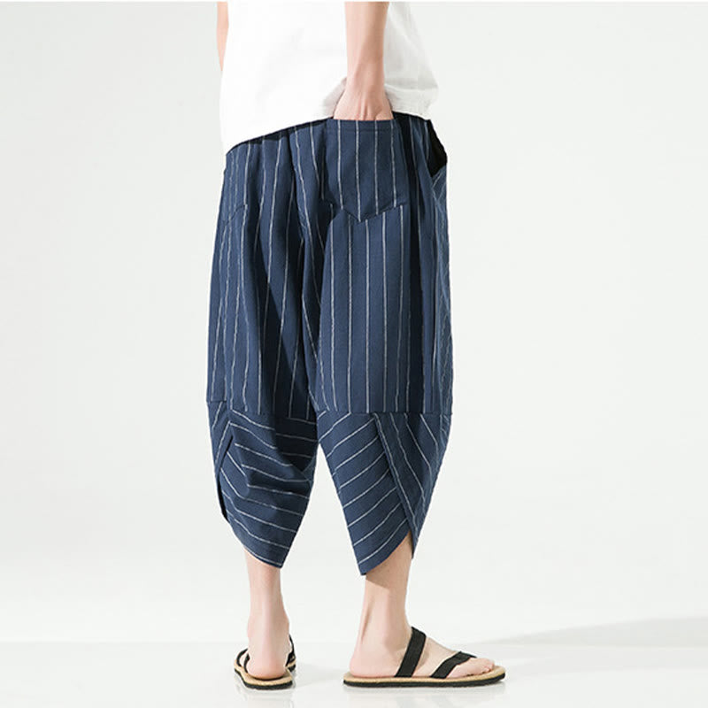 Pantalones Buddha Stones de lino y algodón con bolsillos para hombre, informales, con estampado de rayas lisas y cordón ajustable, de largo 7-8 - image 24