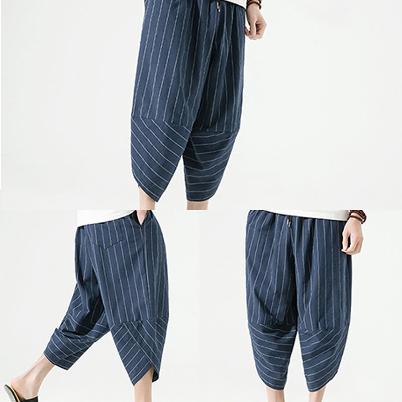 Pantalones Buddha Stones de lino y algodón con bolsillos para hombre, informales, con estampado de rayas lisas y cordón ajustable, de largo 7-8 - image 26
