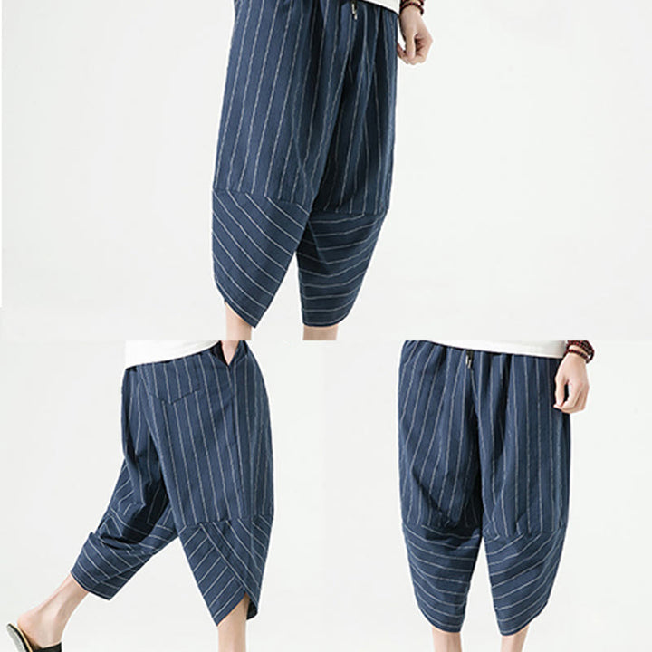 Pantalones Buddha Stones de lino y algodón con bolsillos para hombre, informales, con estampado de rayas lisas y cordón ajustable, de largo 7-8 - image 26