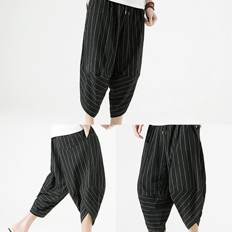 Pantalones Buddha Stones de lino y algodón con bolsillos para hombre, informales, con estampado de rayas lisas y cordón ajustable, de largo 7-8 - image 6