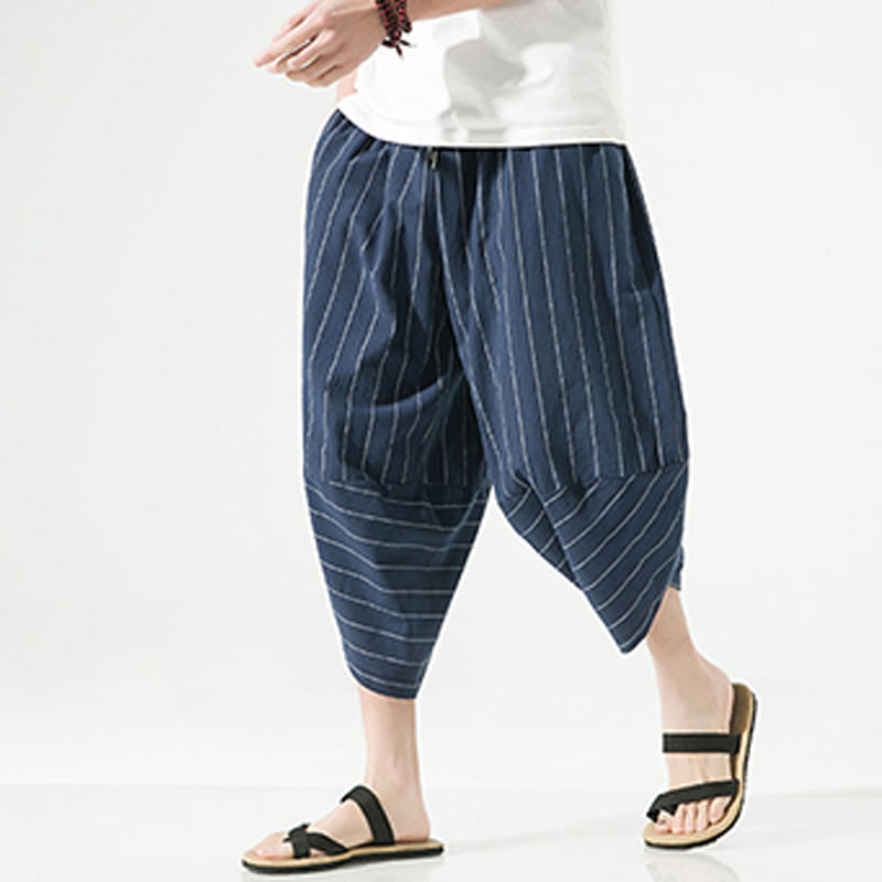 Pantalones Buddha Stones de lino y algodón con bolsillos para hombre, informales, con estampado de rayas lisas y cordón ajustable, de largo 7-8 - Marina de guerra - US/UK/AU46, EU56 (5XL) - image 19
