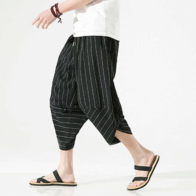 Pantalones Buddha Stones de lino y algodón con bolsillos para hombre, informales, con estampado de rayas lisas y cordón ajustable, de largo 7-8 - Negro - US/UK/AU46, EU56 (5XL) - image 0