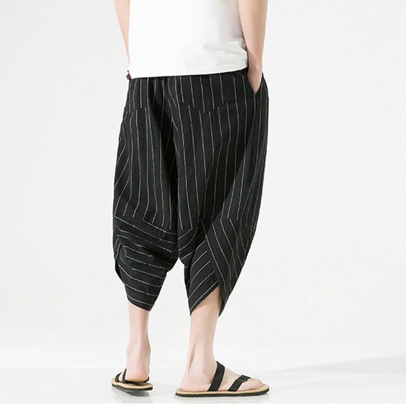 Pantalones Buddha Stones de lino y algodón con bolsillos para hombre, informales, con estampado de rayas lisas y cordón ajustable, de largo 7-8 - image 4
