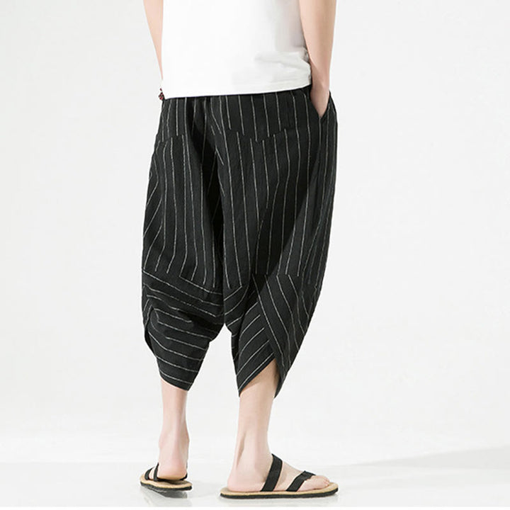Pantalones Buddha Stones de lino y algodón con bolsillos para hombre, informales, con estampado de rayas lisas y cordón ajustable, de largo 7-8 - image 4