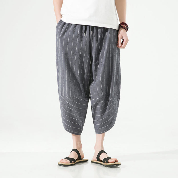Pantalones Buddha Stones de lino y algodón con bolsillos para hombre, informales, con estampado de rayas lisas y cordón ajustable, de largo 7-8 - image 10