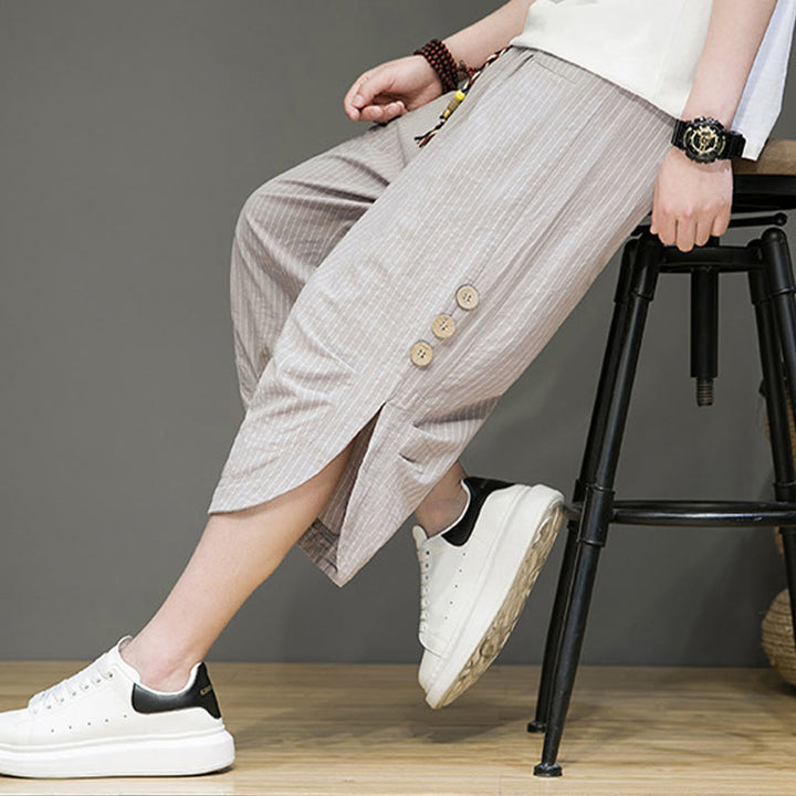 Pantalones harén de algodón para hombre, informales, con diseño de rayas blancas y botones con cordón y bolsillos - image 7