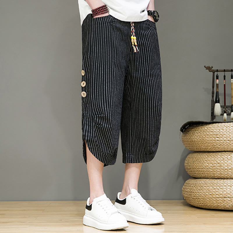 Pantalones harén de algodón para hombre, informales, con diseño de rayas blancas y botones con cordón y bolsillos - image 17
