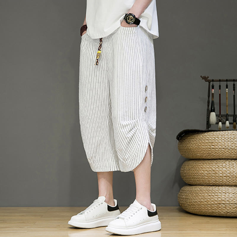 Pantalones harén de algodón para hombre, informales, con diseño de rayas blancas y botones con cordón y bolsillos - image 20