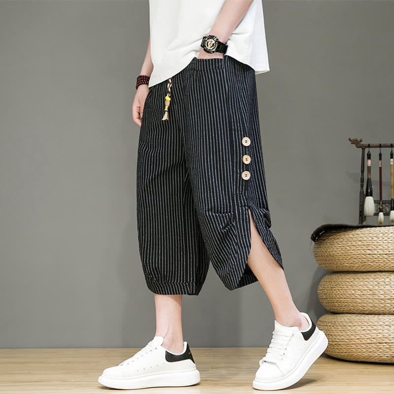 Pantalones harén de algodón para hombre, informales, con diseño de rayas blancas y botones con cordón y bolsillos - Negro - US/UK/AU46, EU56 (5XL) - image 11