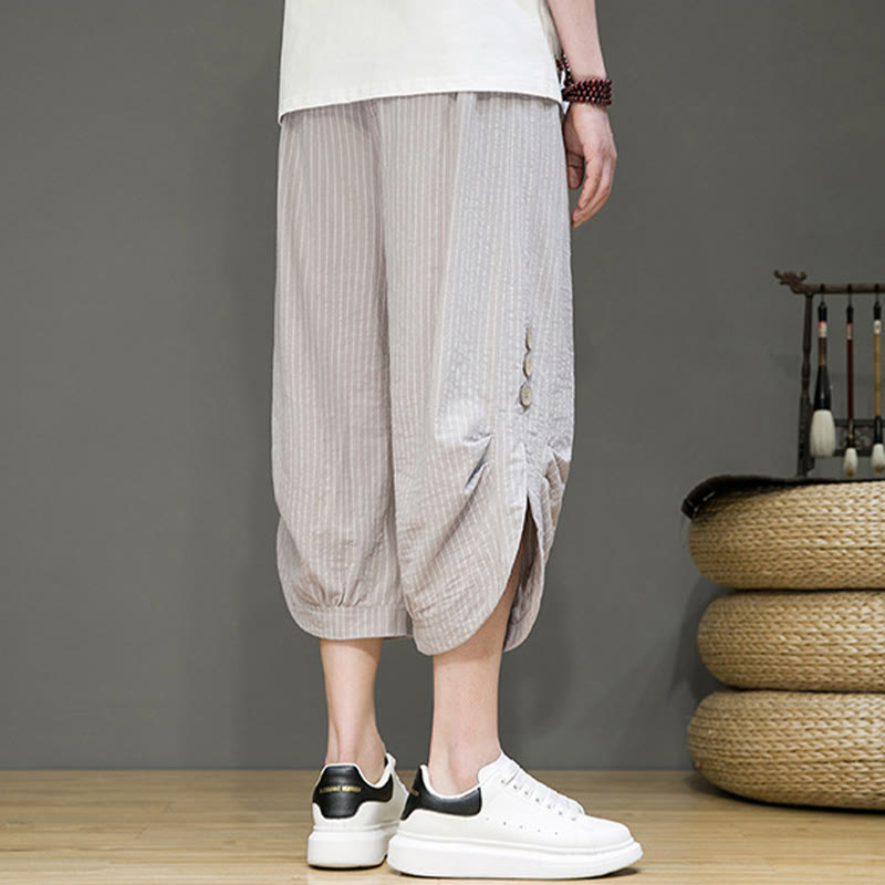 Pantalones harén de algodón para hombre, informales, con diseño de rayas blancas y botones con cordón y bolsillos - image 5