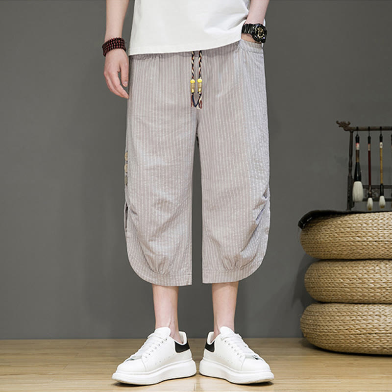 Pantalones harén de algodón para hombre, informales, con diseño de rayas blancas y botones con cordón y bolsillos - image 2