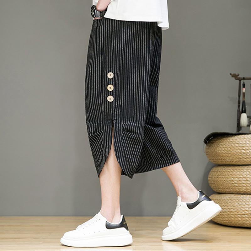 Pantalones harén de algodón para hombre, informales, con diseño de rayas blancas y botones con cordón y bolsillos - image 12