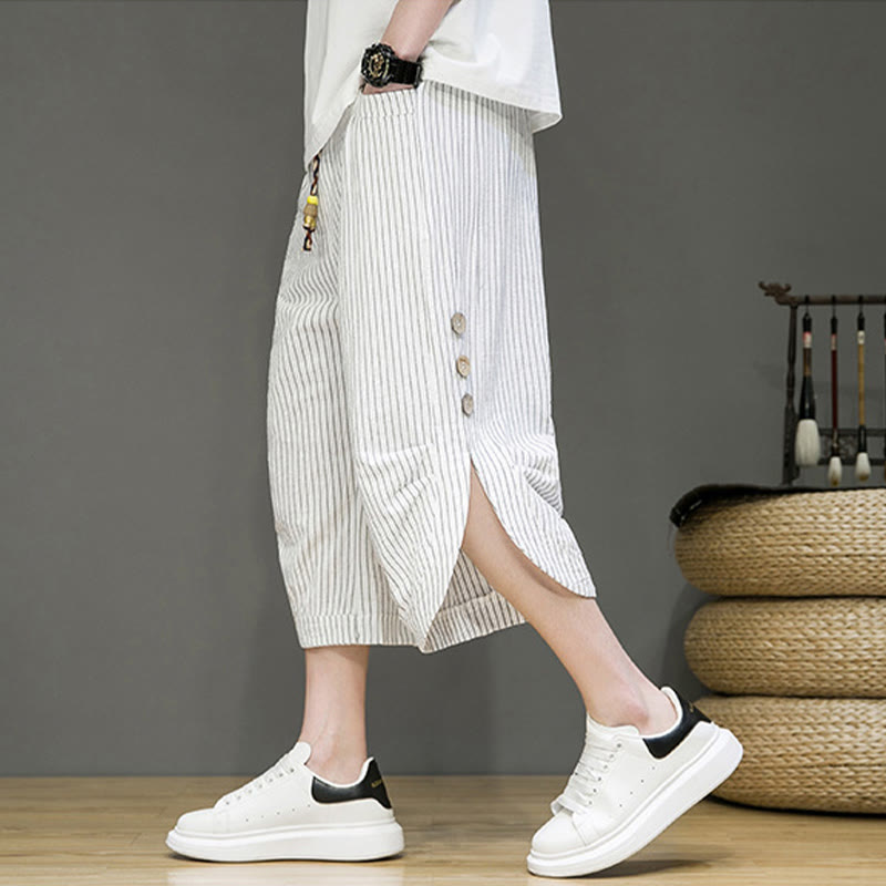 Pantalones harén de algodón para hombre, informales, con diseño de rayas blancas y botones con cordón y bolsillos - image 23