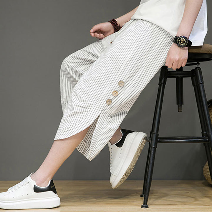 Pantalones harén de algodón para hombre, informales, con diseño de rayas blancas y botones con cordón y bolsillos - image 24