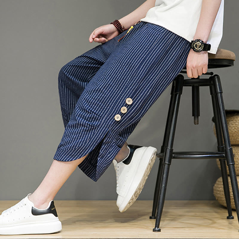Pantalones harén de algodón para hombre, informales, con diseño de rayas blancas y botones con cordón y bolsillos - image 32